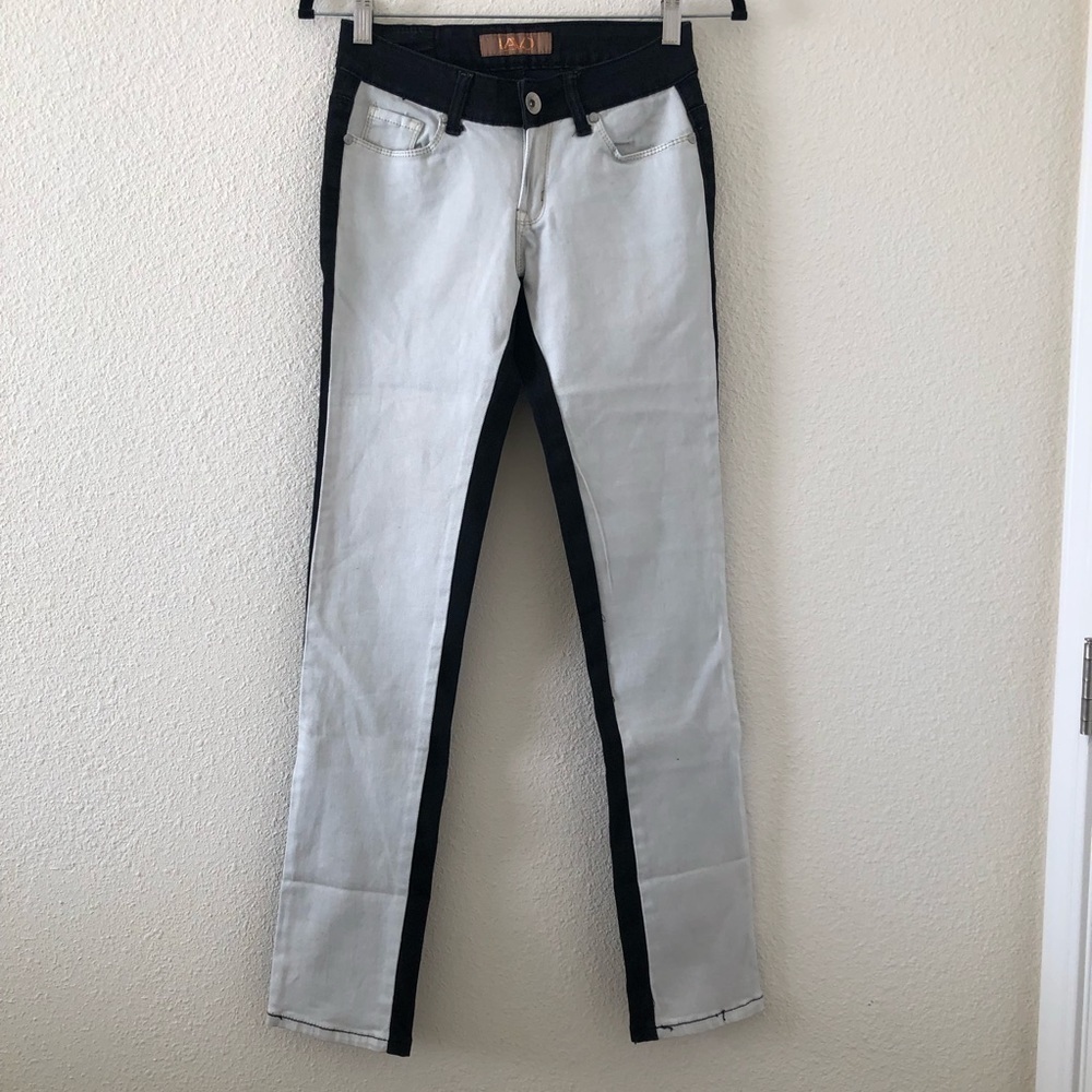 Lavo low rise faded black and white color block skinny jeans